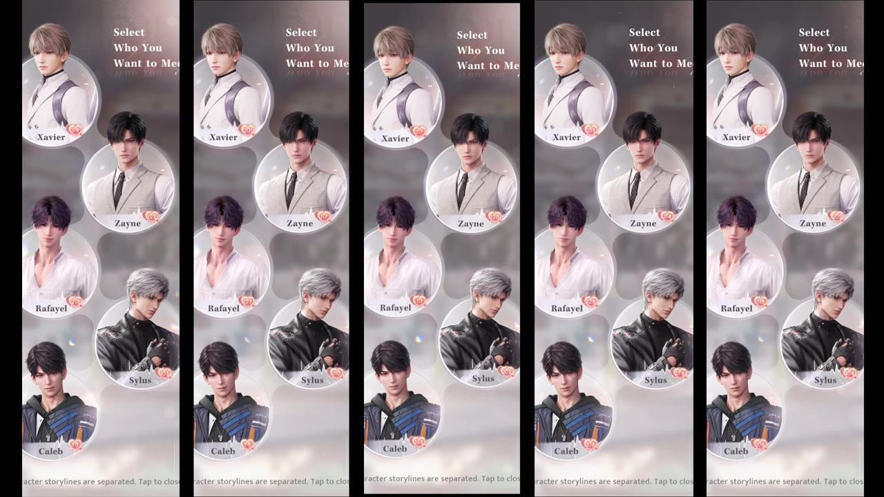 A game character selection screen shows five male love interests in circular portraits with their names labeled underneath.