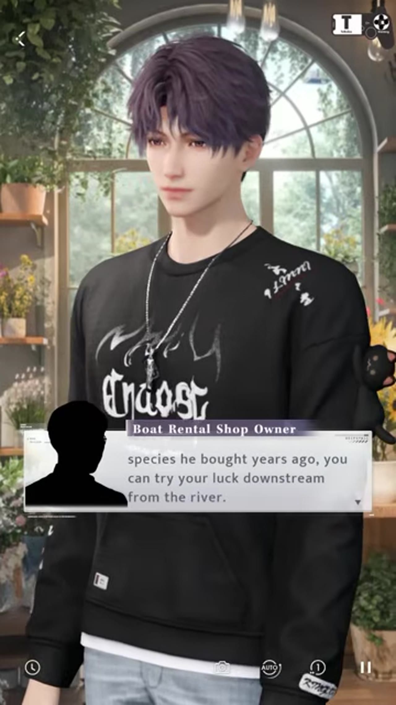 A young man stands inside a flower shop with a dialogue box that says to try downstream from the river.