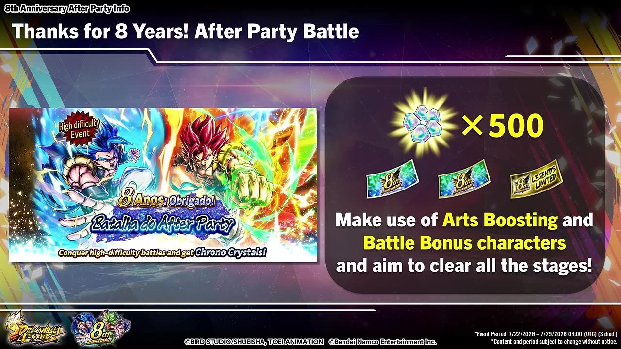 A Dragon Ball Legends anniversary info slide shows a high difficulty event on the left with two fighters and a rewards panel on the right.