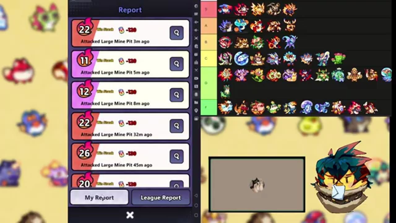 A report window shows a list of battle entries, each with a magnifying glass button, alongside my report and league report tabs.