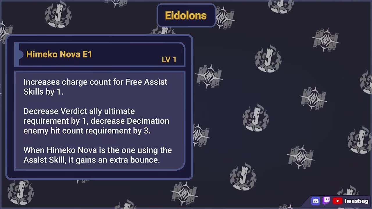 A screen showing Himeko Nova's Eidolon effects enhancing assist skills and ultimate requirements.