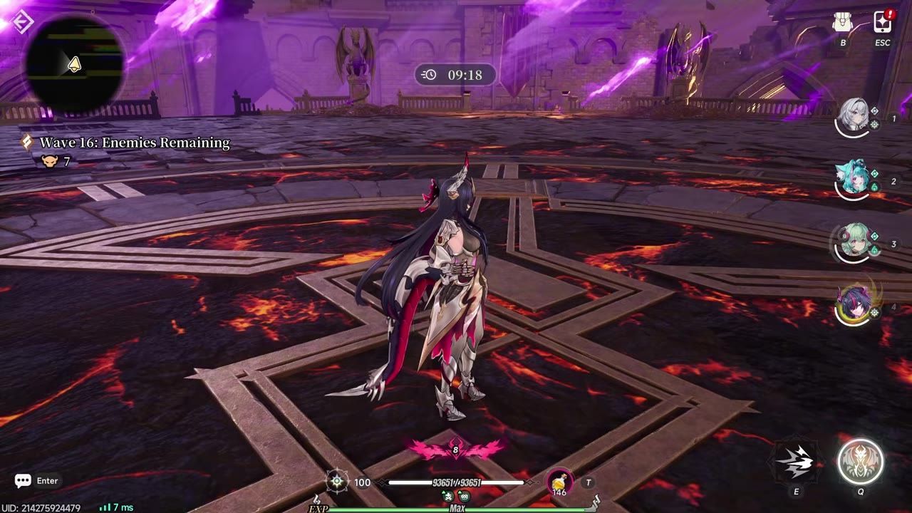 A character stands in a purple-lit combat arena with a wave counter showing Wave 16 and enemies remaining.