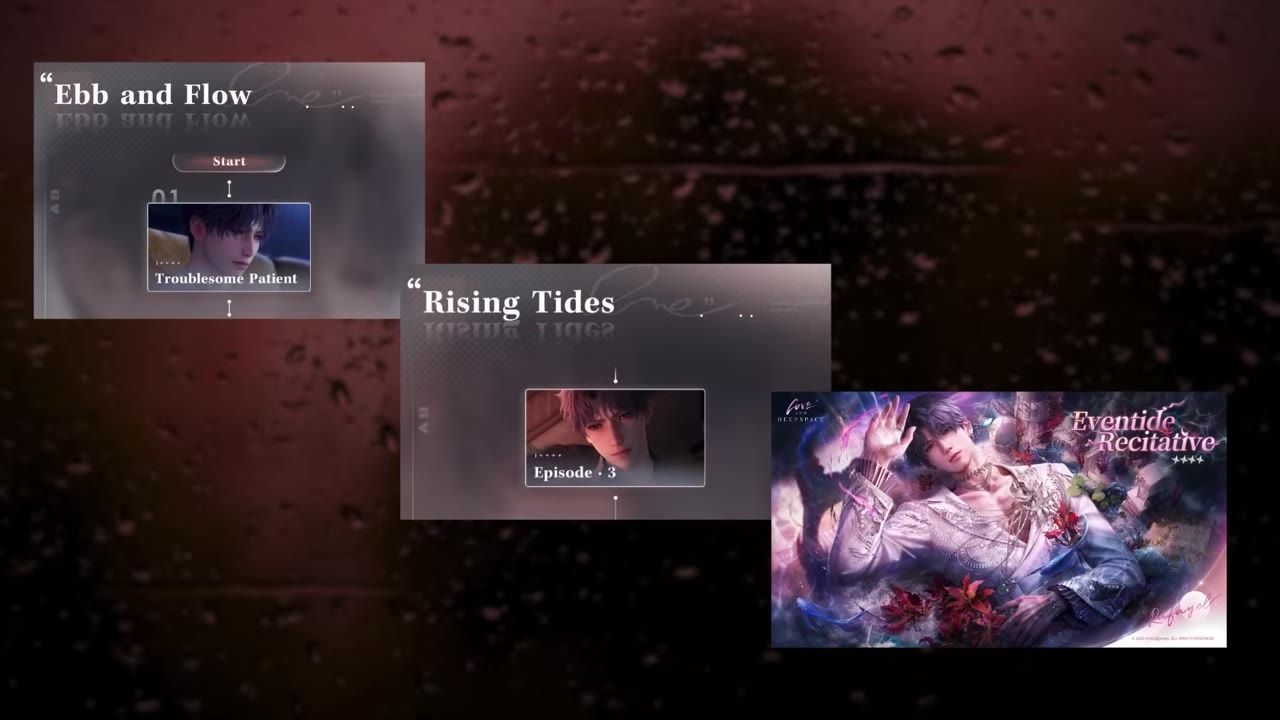 A game menu shows two chapter panels labeled Ebb and Flow and Rising Tides, with an illustrated comparison card titled Eventide Recitative on the right.