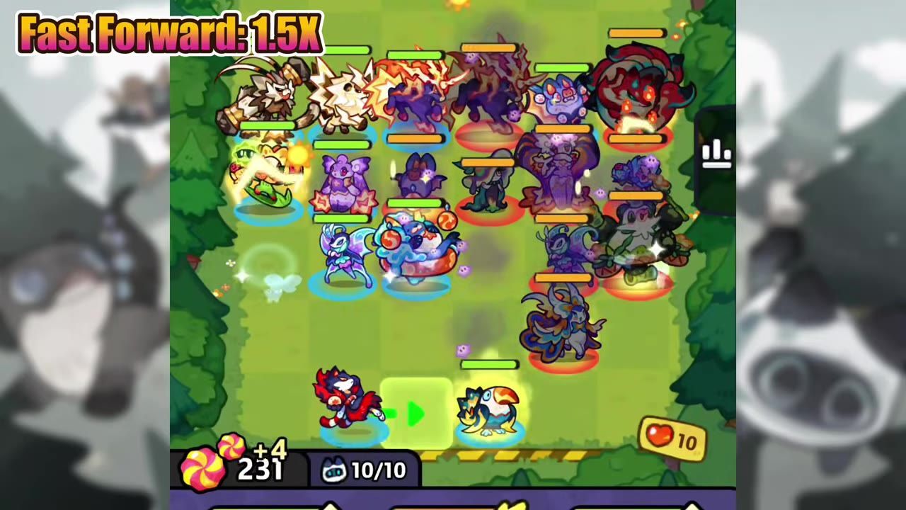 A colorful battle board shows many units placed across the grid, with health bars and effects over several characters.