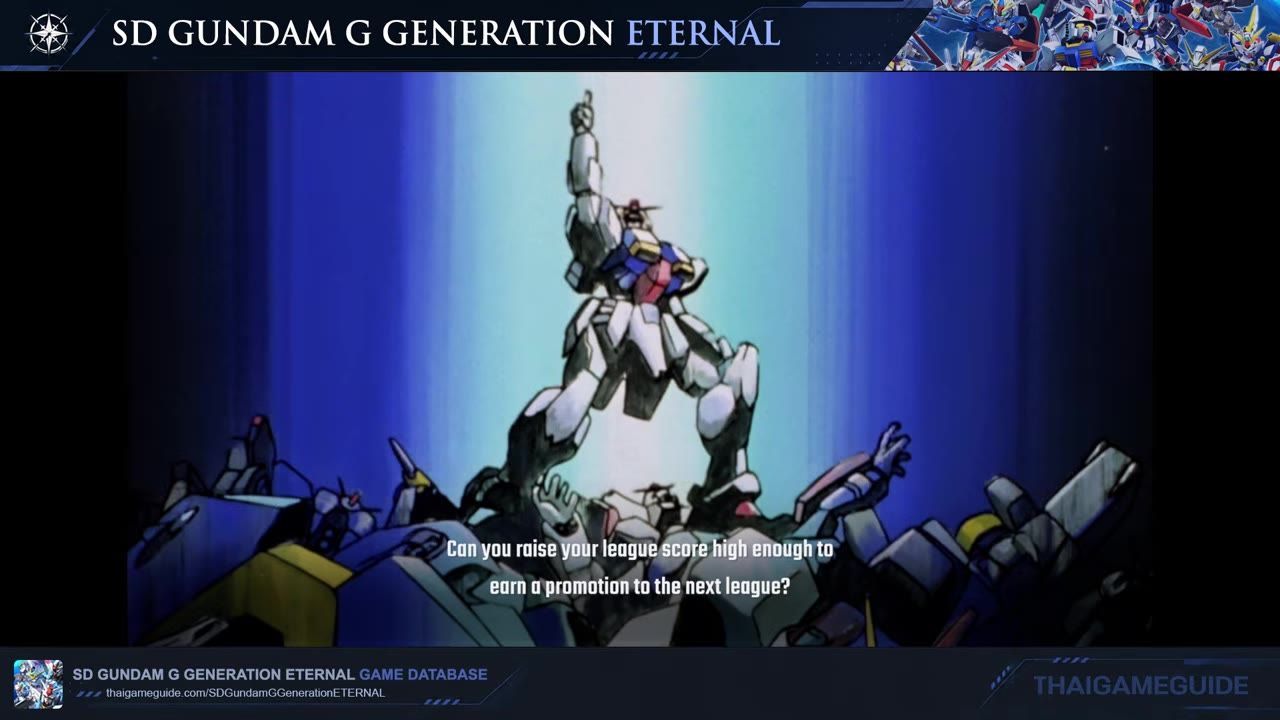 A Gundam stands over defeated mecha with centered text asking if the player can raise league score high enough to earn a promotion to the next league.