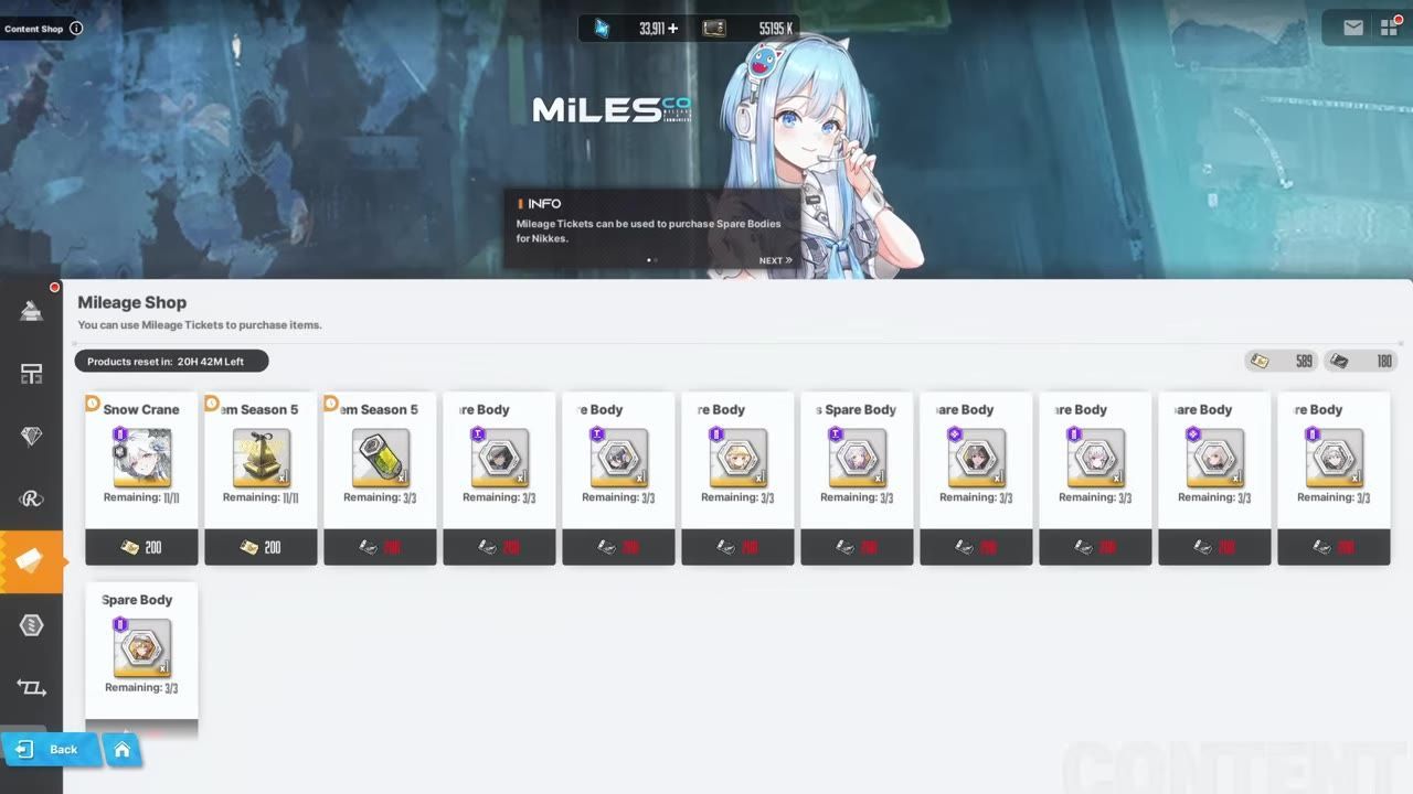 The Mileage Shop screen shows a row of purchasable items and ticket counts, with an info panel about mileage tickets at the top.