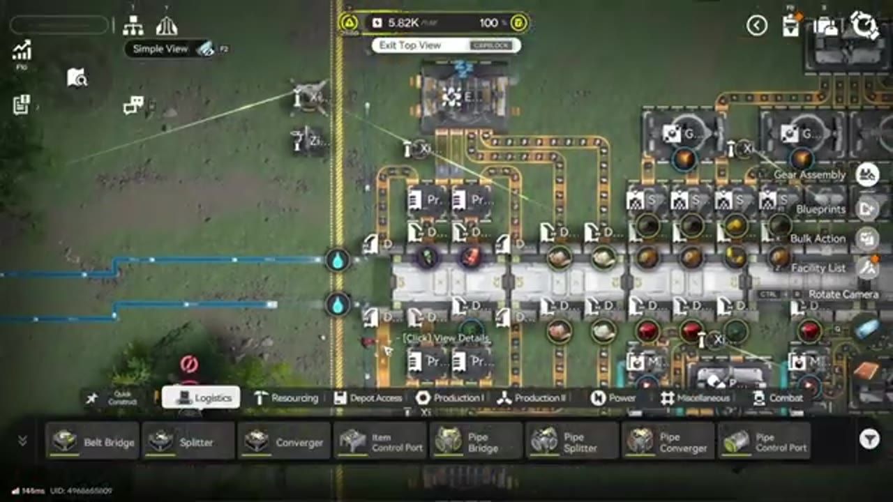 An overhead view of a factory layout shows several connected machines, belts, and pipes with input nodes and item icons visible.