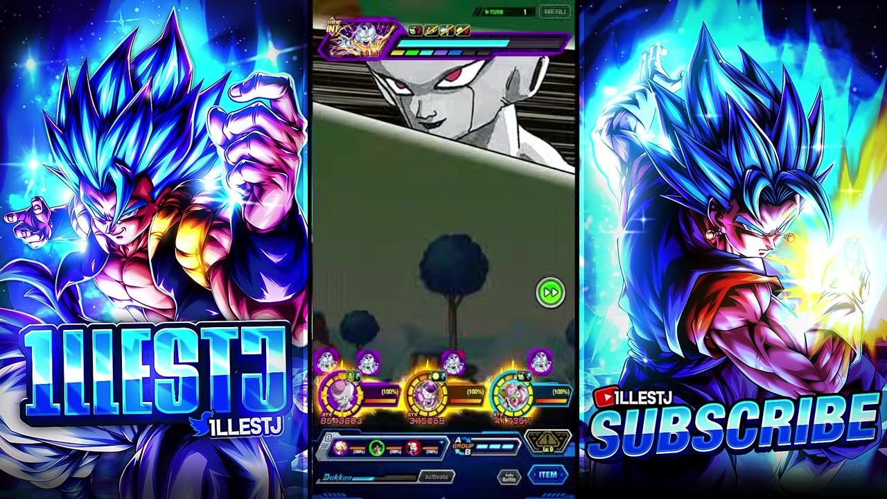 Gameplay screen showing Manga Frieza and other characters with their stats and level indicators.