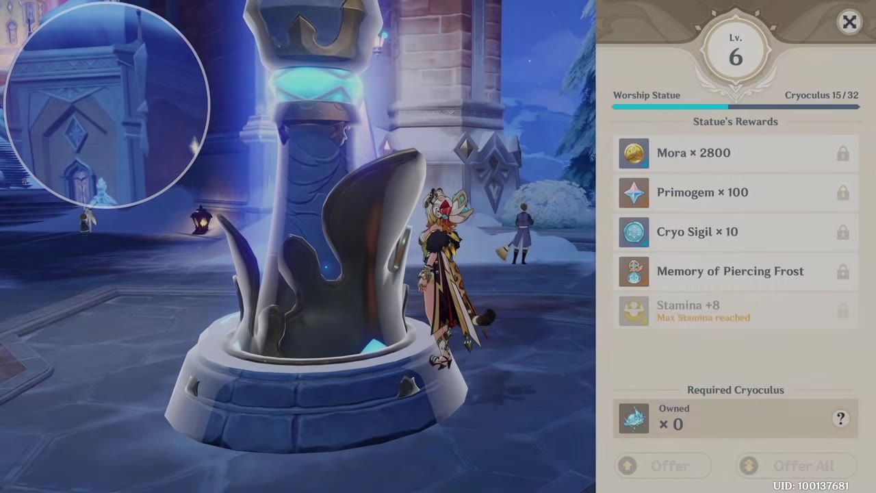 Game screen showing rewards for offering Cryoculus to the Statue of the Seven.