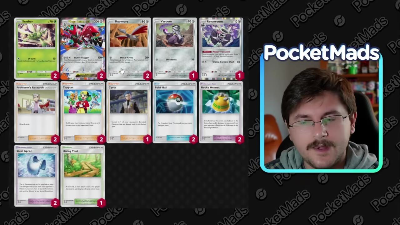 A deck list of Pokémon cards is shown on the left, including Mega Scizor, Steel Apron, Rocky Helmet, and Hikers Trail, with a presenter webcam on the right.