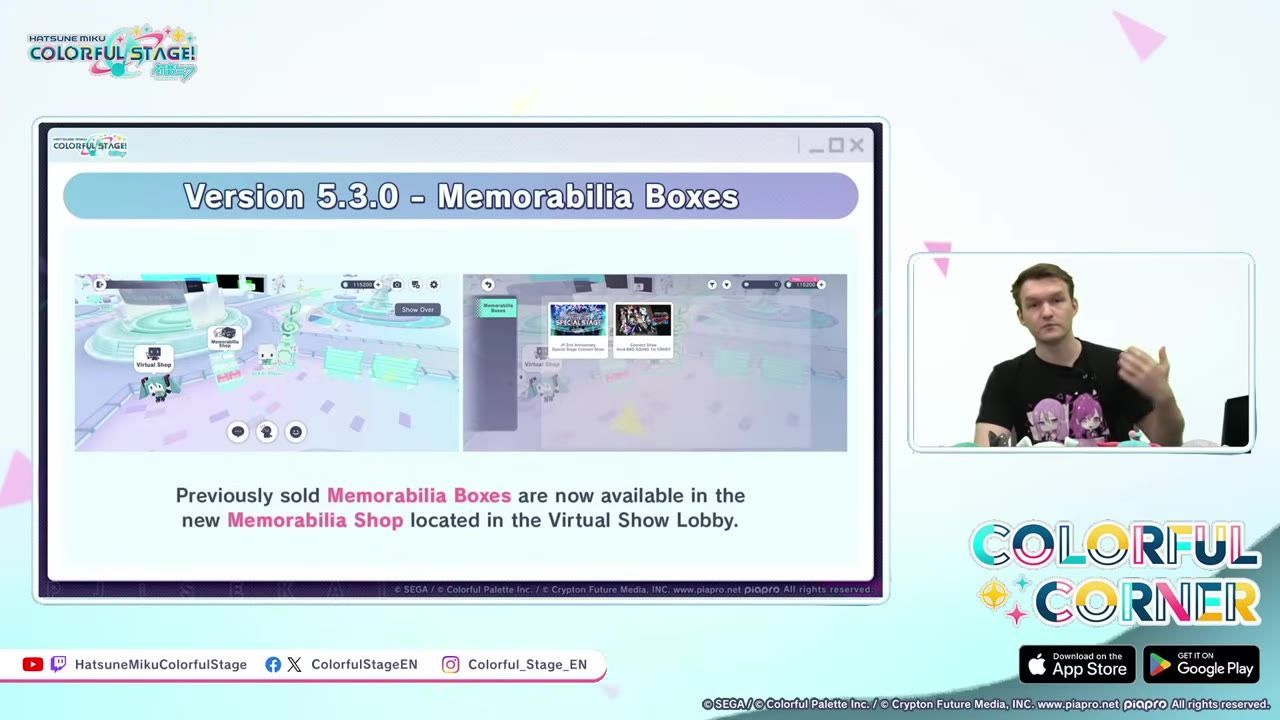 A Colorful Corner update slide shows Version 5.3.0 Memorabilia Boxes, with two in-game screenshots and text about the Memorabilia Shop in the Virtual Show Lobby.