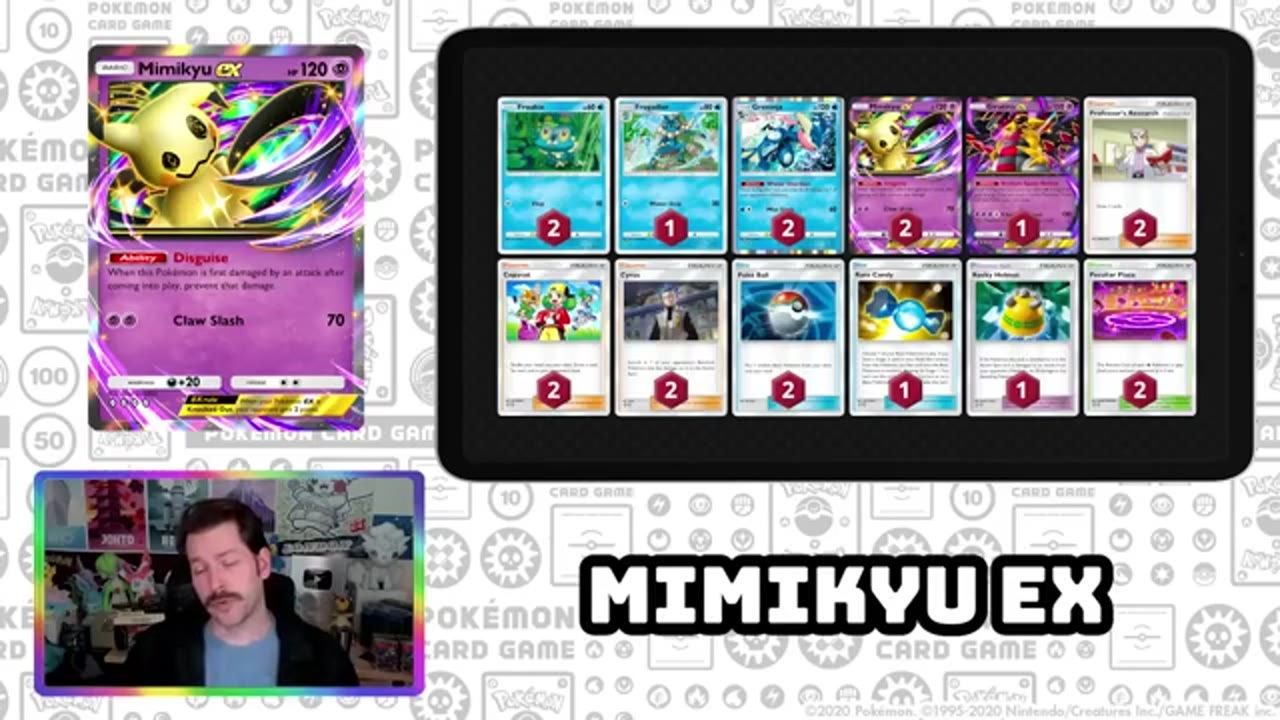 A Pokémon deck list is displayed on a tablet-like panel, with Mimikyu ex, Giratina ex, and Greninja cards visible among trainers and items.