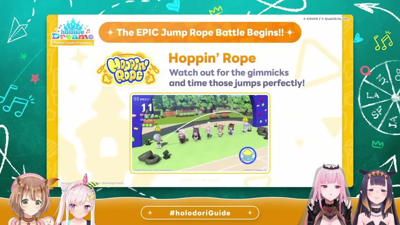 A presentation slide titled Hoppin' Rope is shown with a jump rope minigame image in the center and several anime-style avatars along the bottom edge.
