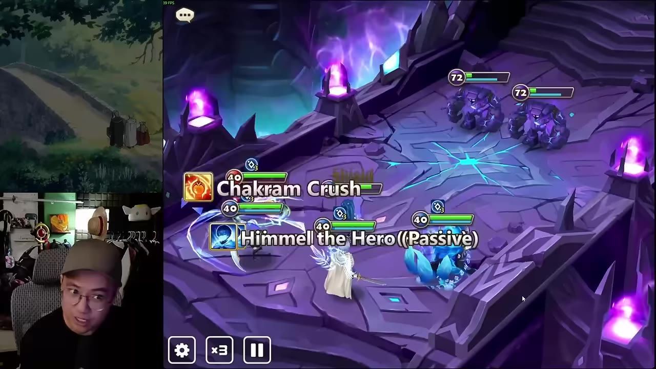 A game battle screen shows several units on a purple arena, with two similar high-level units visible at the top right and ability text over the center.