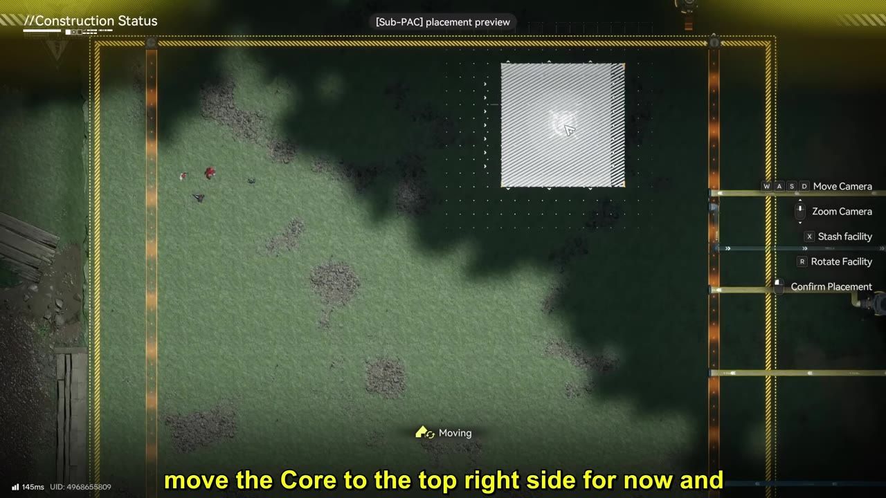 A top-down view of a construction site with a highlighted grid area for placement in progress.