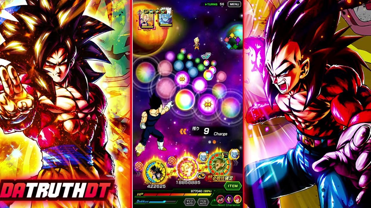 A Dragon Ball battle screen shows Super Saiyan 4 Goku on the field with a cluster of colored orbs in the center and character icons and stats along the bottom.