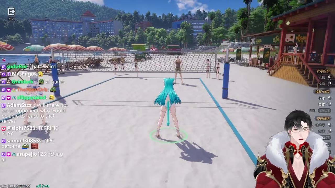 A beach volleyball match is in progress with a character standing on the court facing the net, chat overlay on the left, control prompts on the right, and a streamer avatar in the lower right.