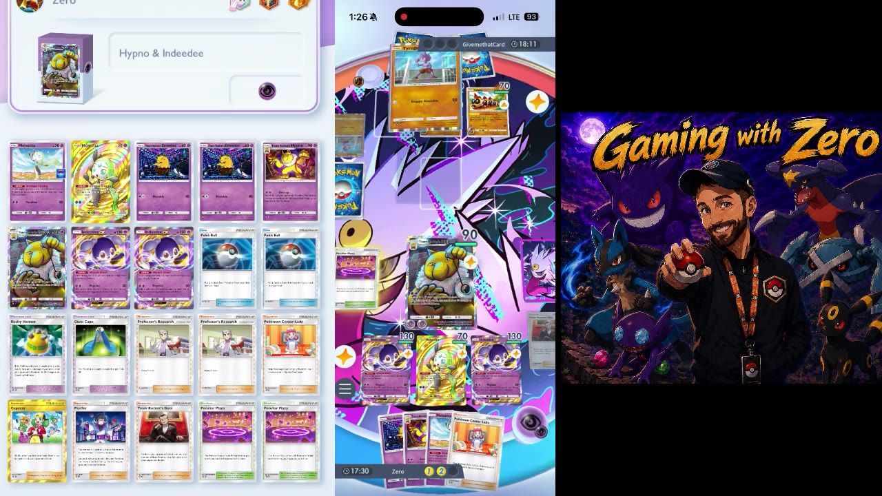 A Pokémon TCG Pocket deck list and battle board are shown side by side, with Peculiar Plaza cards visible among the trainer cards.