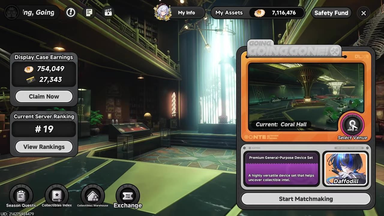 Game lobby screen with a venue selection panel on the right showing Current: Coral Hall and a Select Venue button.