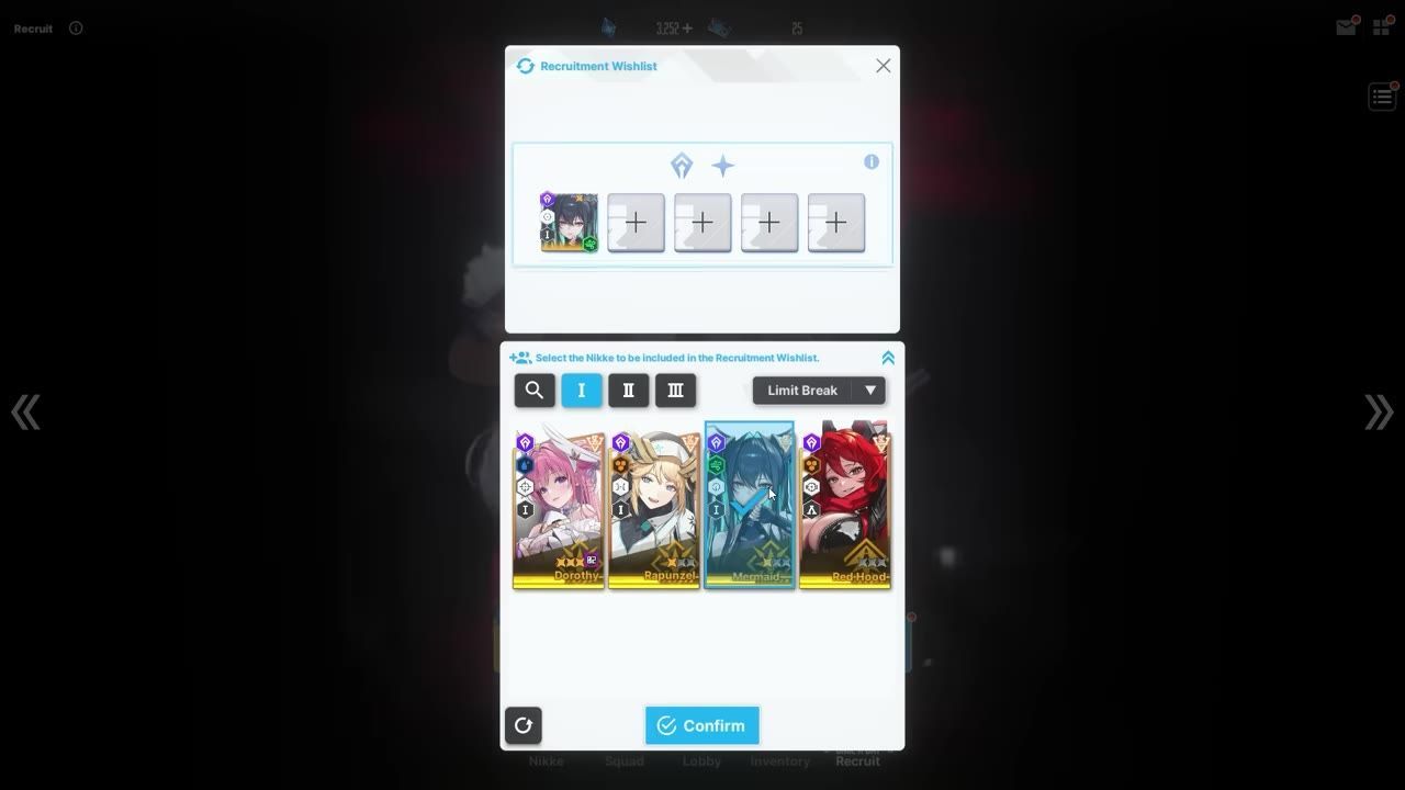 A Recruitment Wishlist window is open with faction tabs and a row of character cards below, including Dorothy, Rapunzel, Mermaid, and Red Hood.