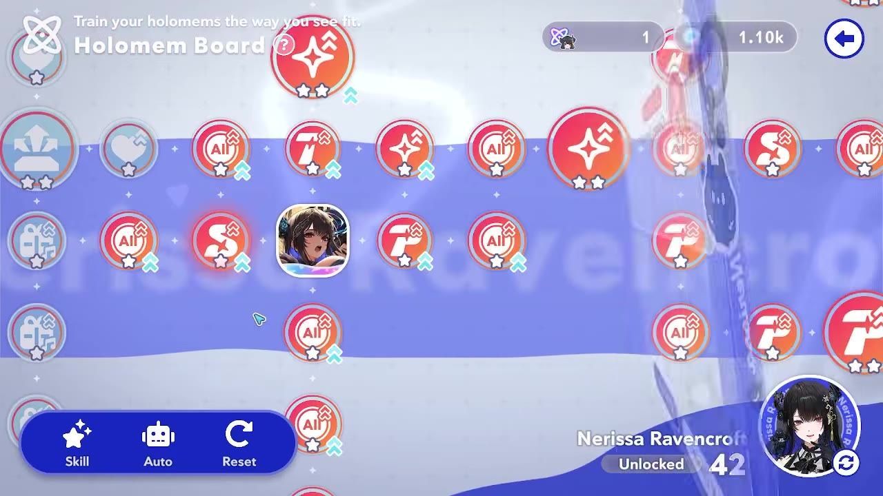 A Holomem Board screen shows a network of circular stat and build nodes connected across the board, with skill, auto, and reset buttons at the bottom.