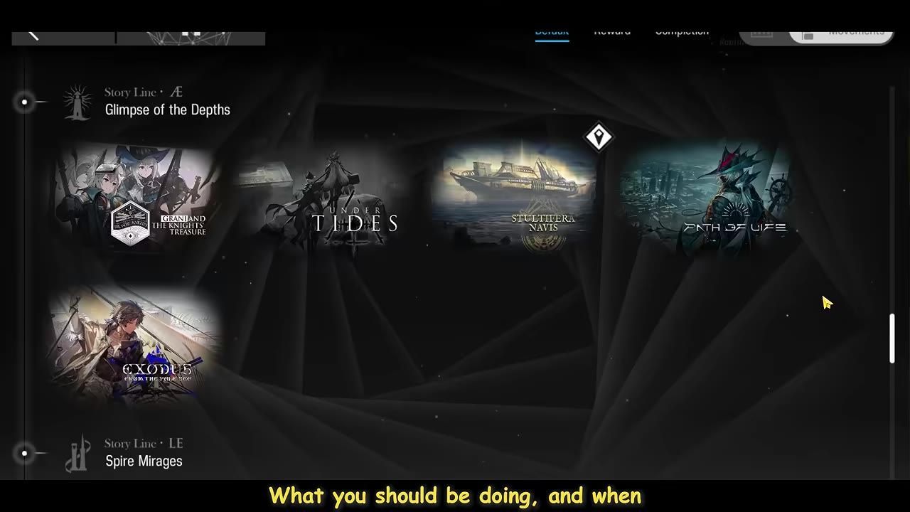 The story mission screen showing various ongoing tasks and storylines.