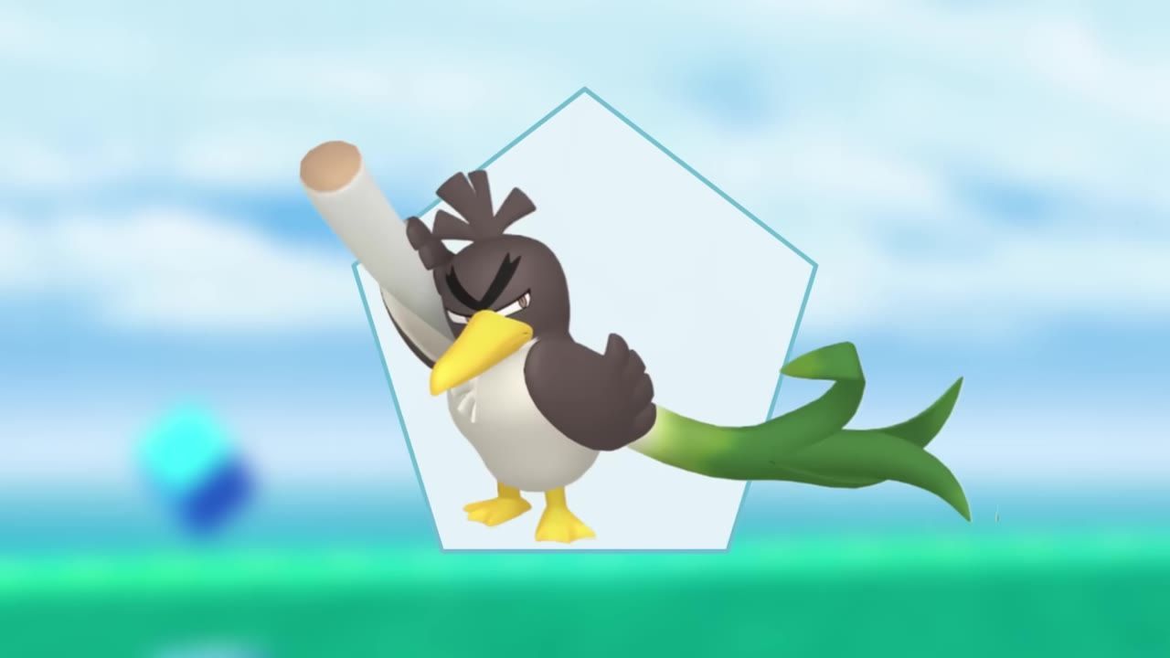 Shiny Farfetch'd displayed on a hexagonal background with a green and blue environment.