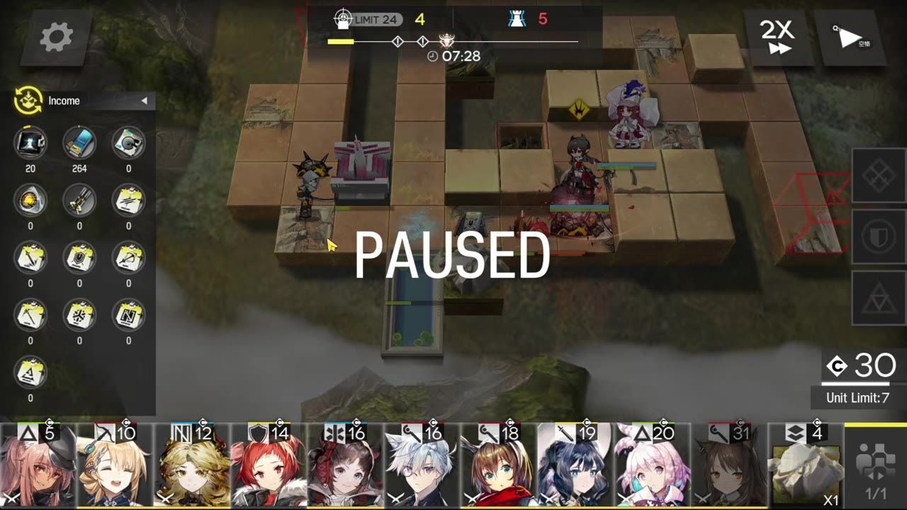 A paused tactical game map shows several deployed units and structures on tan tiles around a river channel, with the stage UI and deployment bar visible.