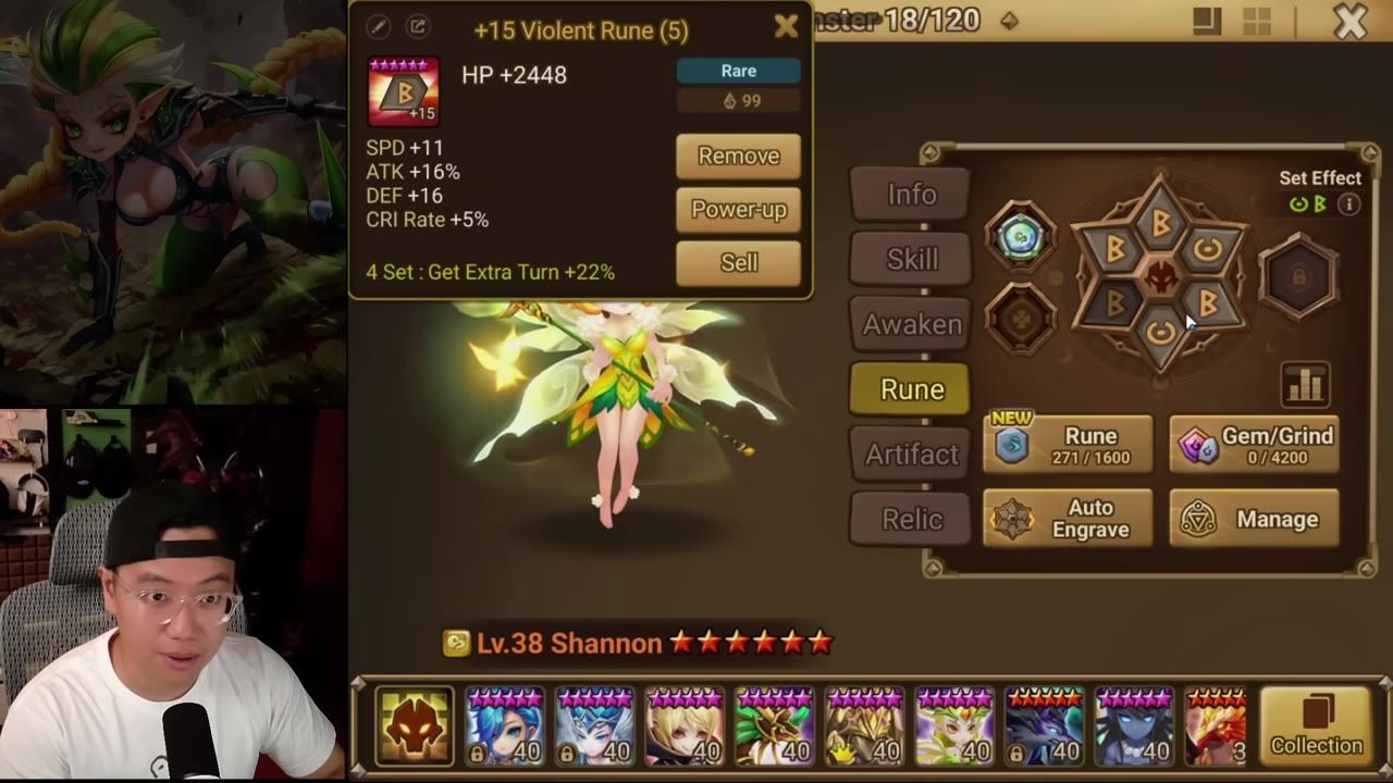 Shannon’s monster screen is open with the rune tab selected and a Violent rune details popup over the character model.