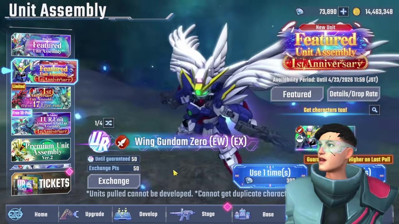 Game banner showing featured unit assembly options, including 1st Anniversary and Wing Gundam Zero.