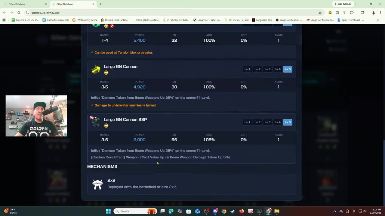 A browser window shows a GGen Database unit page with weapon stats and an SSP variant entry, while a webcam overlay sits on the left.