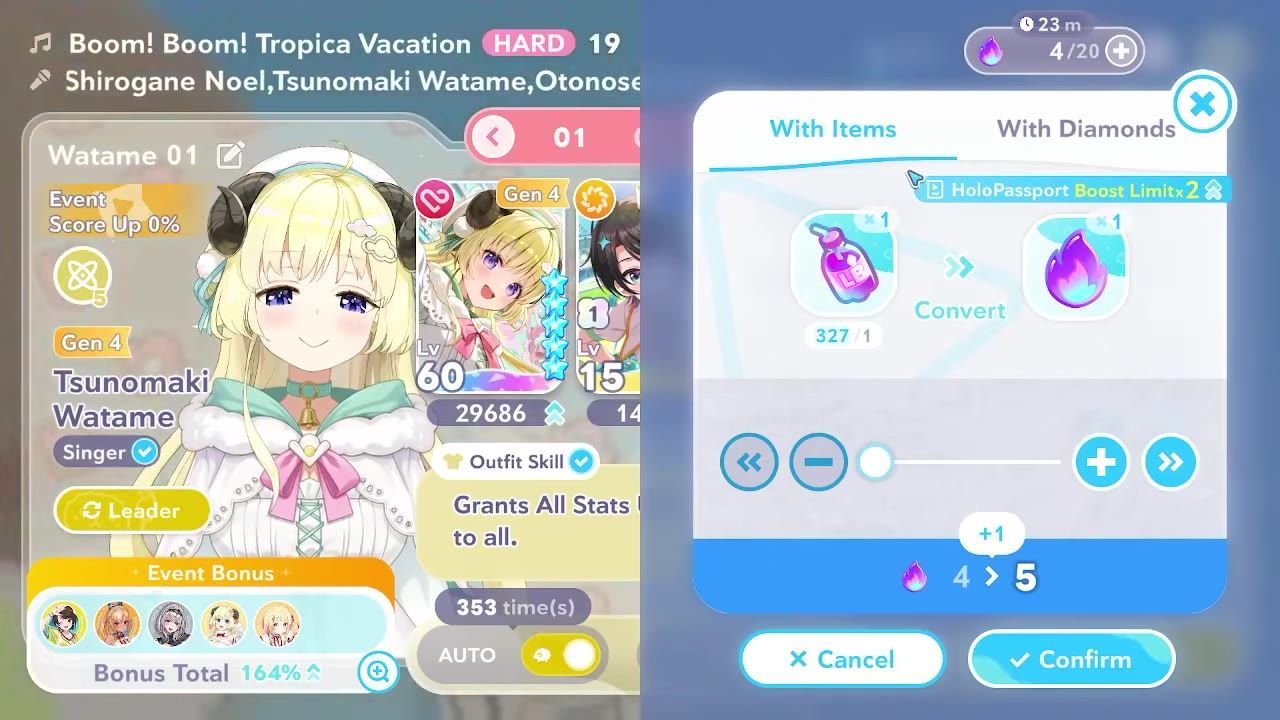 A game screen shows a boost conversion panel with a boost limit indicator, a purple flame icon, and the value changing from 4 to 5, alongside a character selection/results interface.