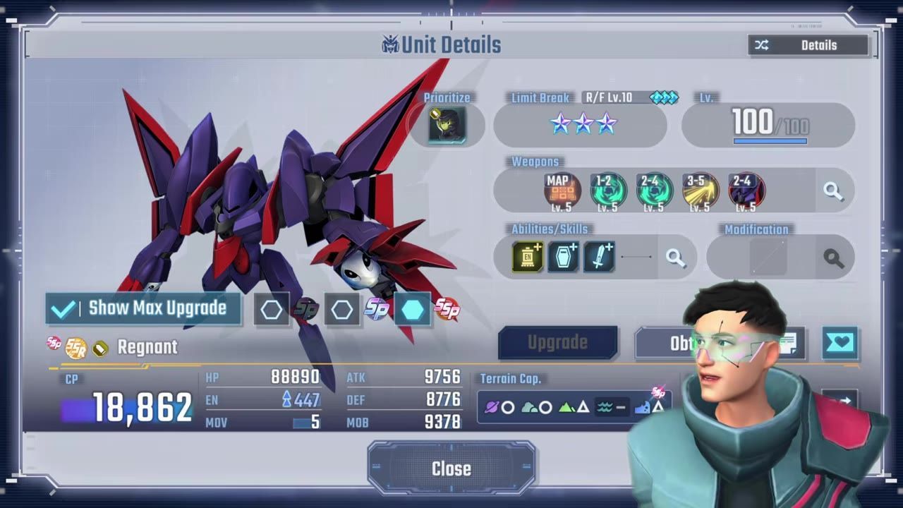 A unit details menu shows a large purple-and-red mecha model on the left, weapon and skill slots on the right, and a character portrait in the lower right.