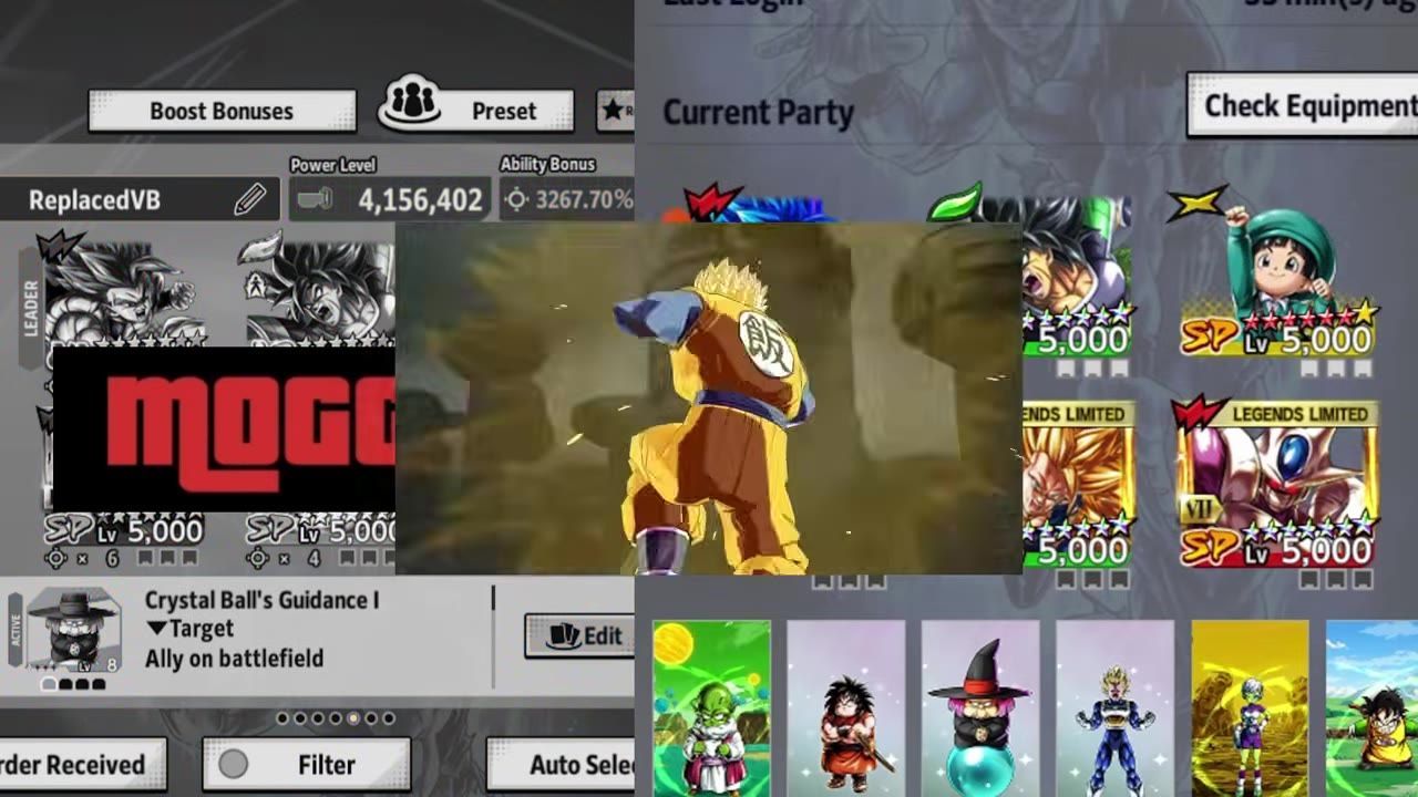 A team selection screen shows multiple Dragon Ball characters with star ratings, power levels, and current party slots, with a fighting scene overlay in the center.