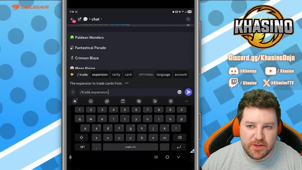 A phone screen shows a Discord chat with the /trade slash command typed and option tabs for expansion, rarity, card, optional, language, and account above the keyboard.