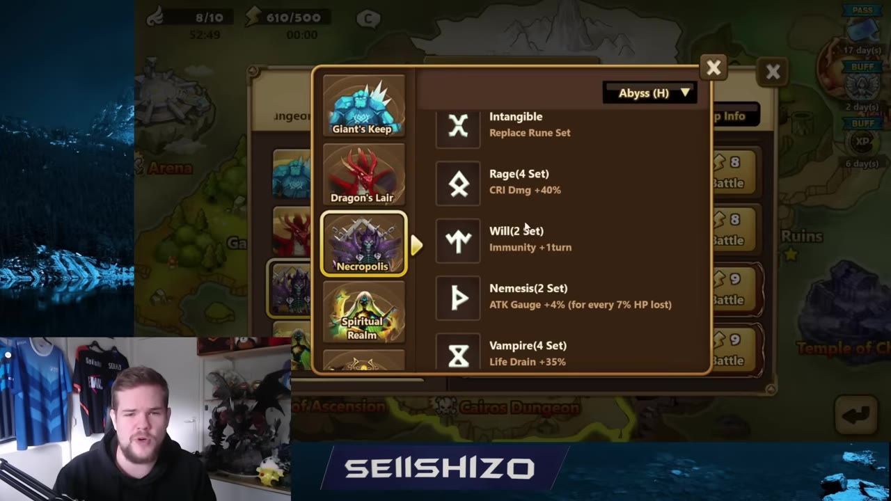 A game dungeon menu is open with Necropolis highlighted in the left-hand list and rune set bonuses shown on the right.