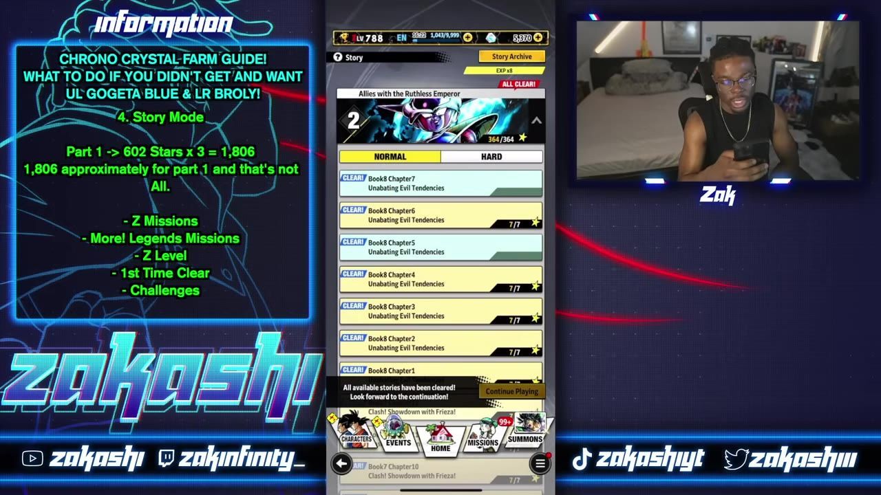 The Story menu is open in a mobile game, showing a chapter list with clear labels, star counts, and completion indicators.