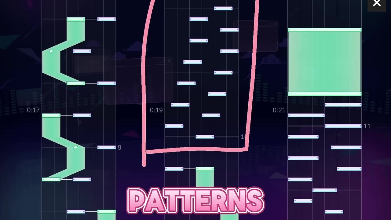 Gameplay view showing note patterns of a high-level song, with a pink outline emphasizing specific areas.