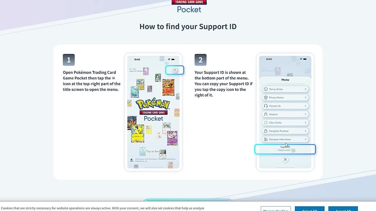 Step-by-step instructions on finding the Support ID in Pokémon Trading Card Game Pocket.