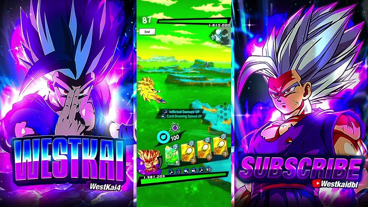 A vertical mobile game battle screen is centered between two large anime-style character posters, with combat UI and cards visible during a close-range fight.