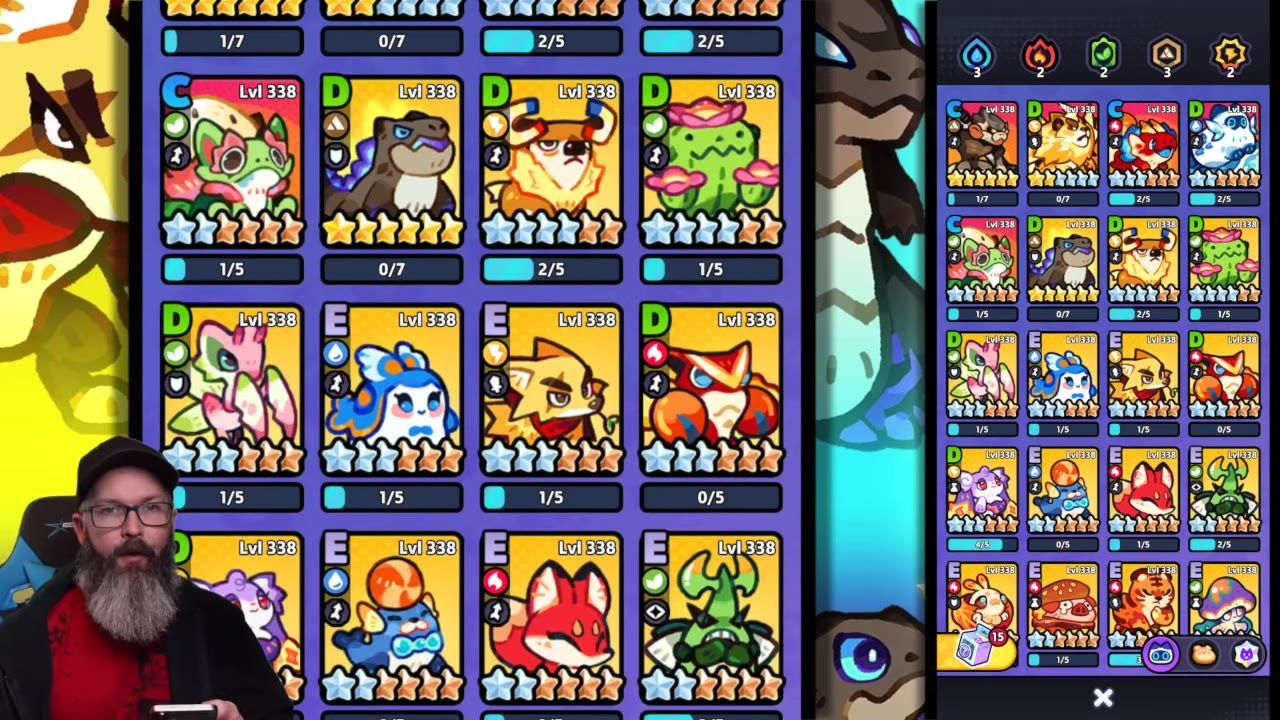 Game menu showing Tatari characters with icons, levels, and attributes.