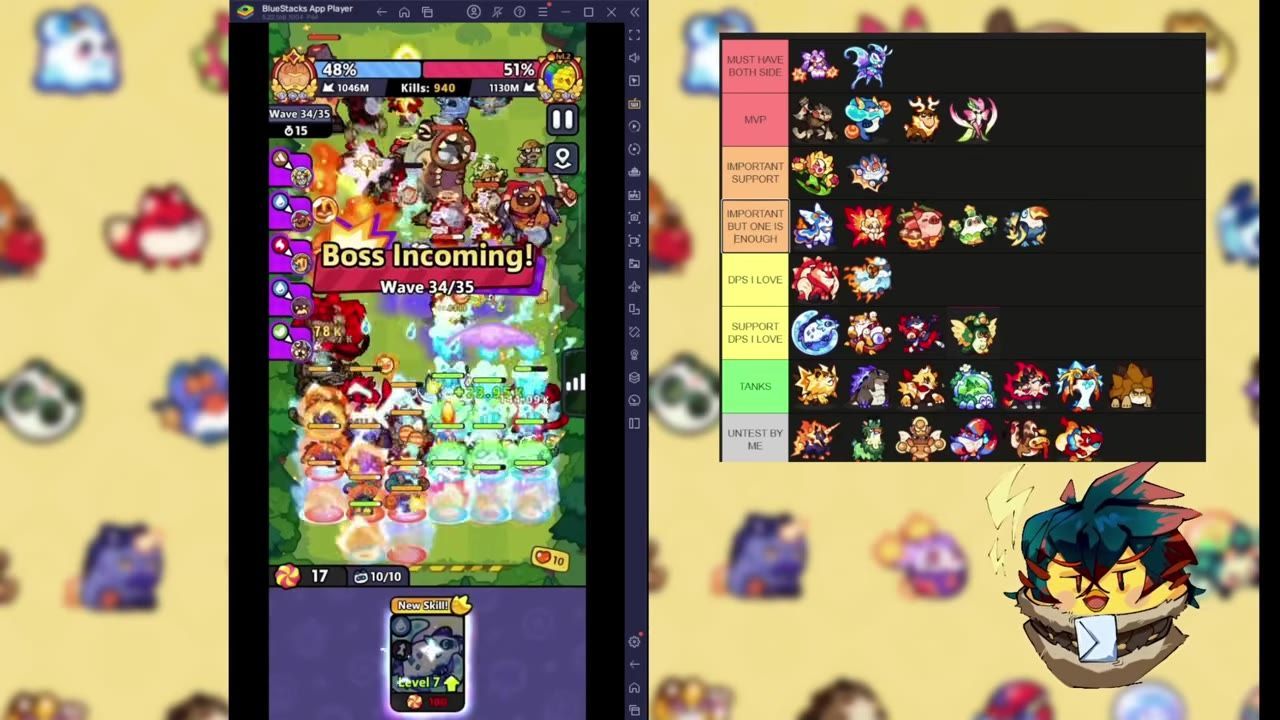 Game screen showing active wave gameplay in a mobile game and character tier list on the right.