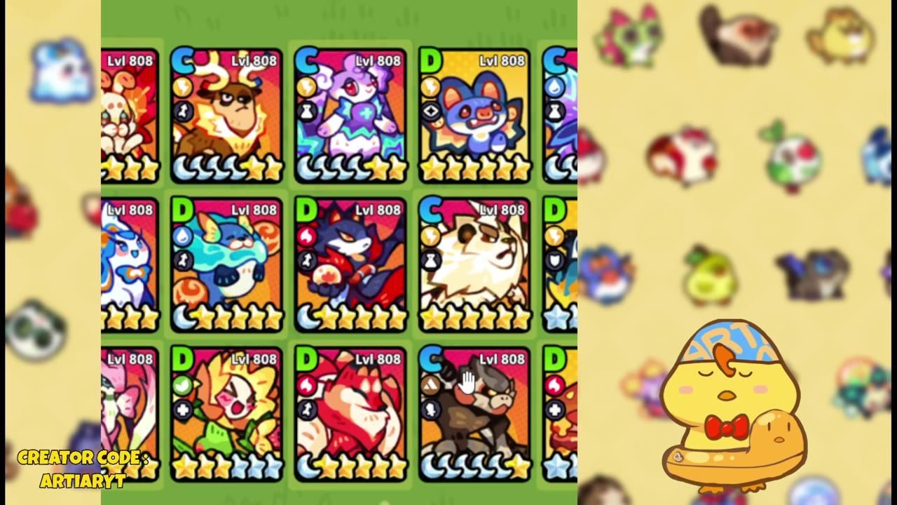 A game screen shows a grid of character unit cards with rank letters and level labels, alongside blurred smaller unit icons on the right.
