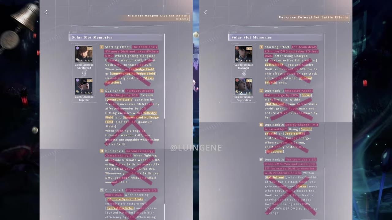 Two panels showing Solar Slot Memories effects featuring Caleb and specific cards.