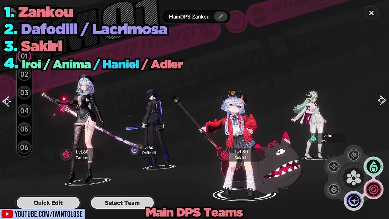 Character selection screen showing Zankou, Daffodil, Sakiri, and Iroi.