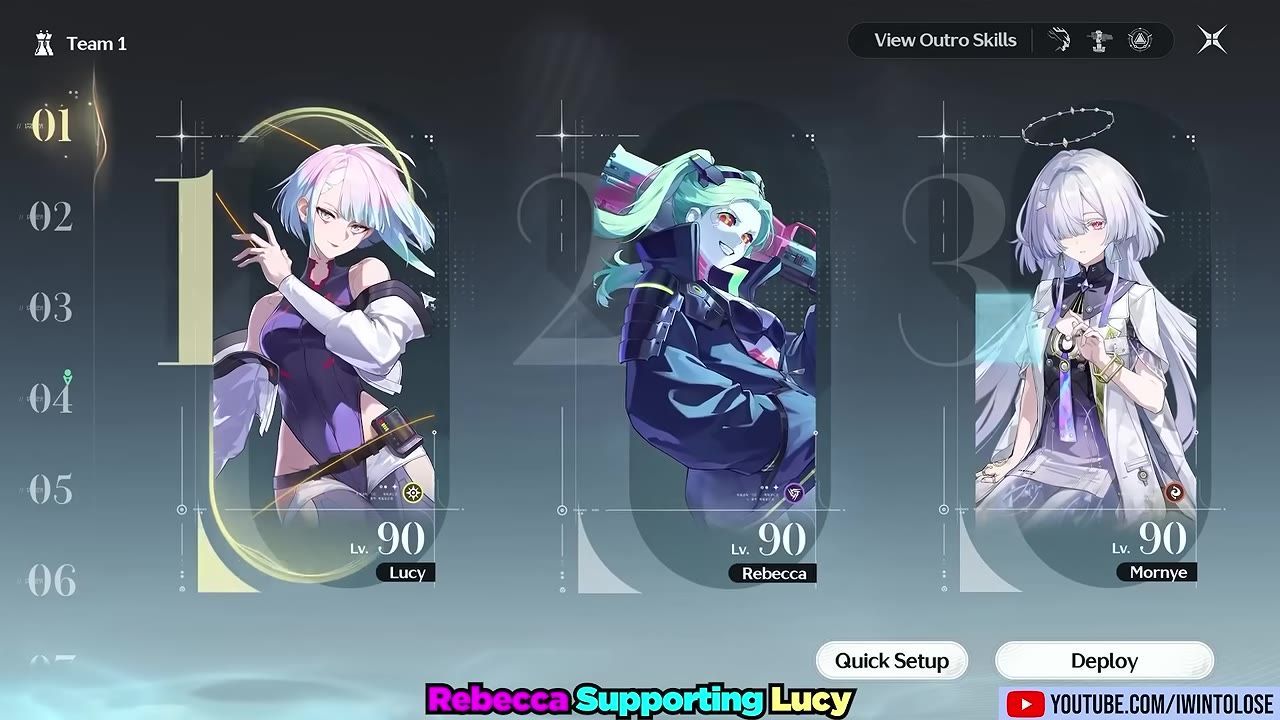 Team setup screen featuring Rebecca, Lucy, and Morne in visible slots.