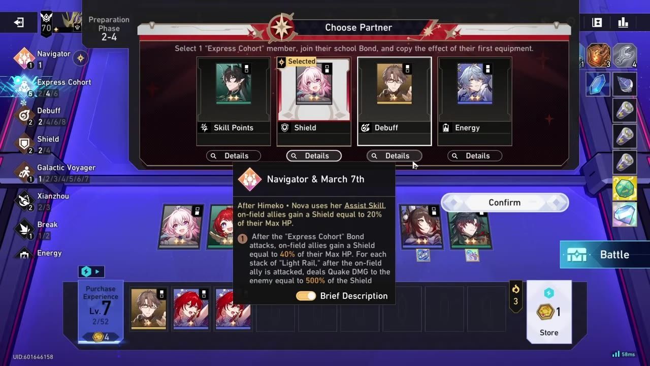 Team setup screen with choices including March 7th and Himiko, showing abilities and stats.