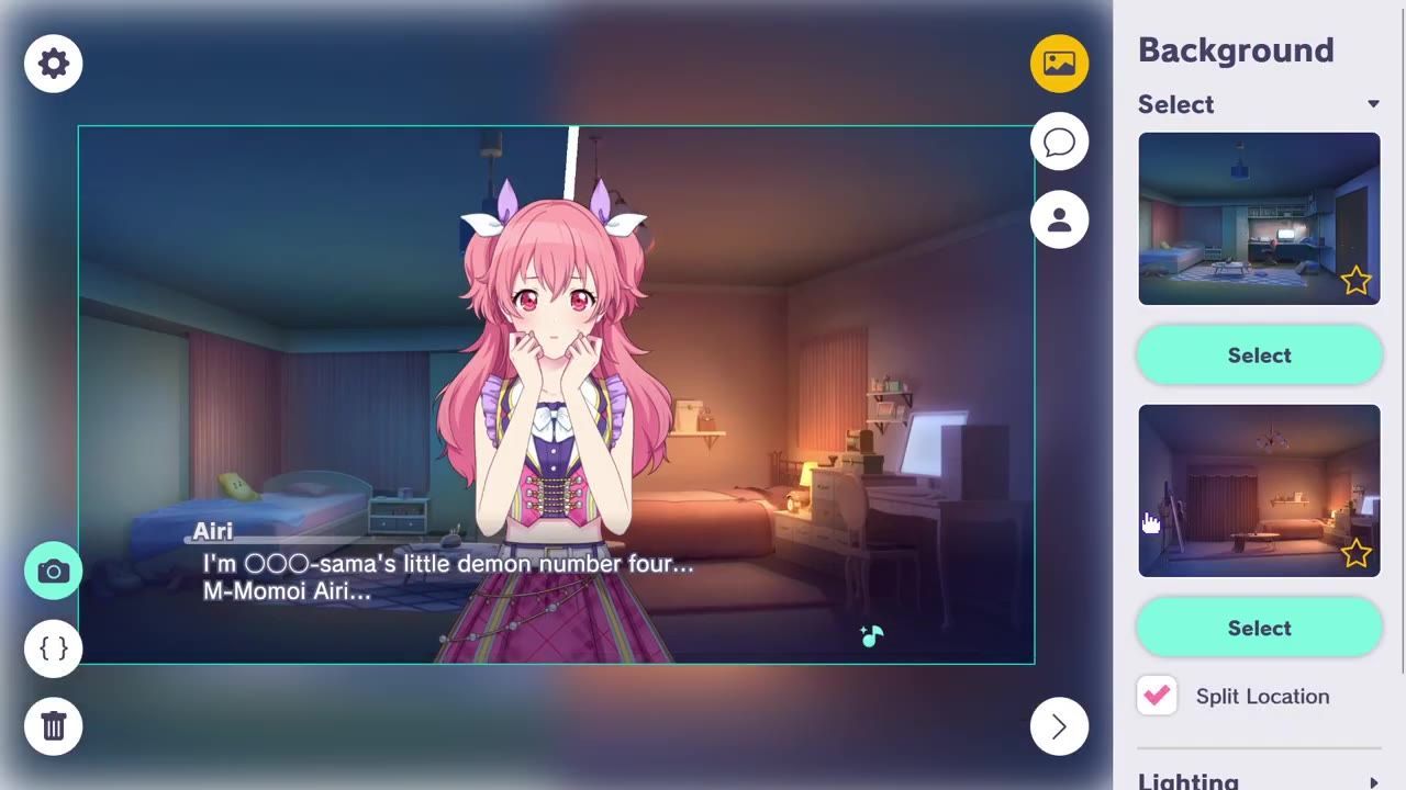 A visual novel style editor shows a pink-haired character over a bedroom background with dialogue text at the bottom and tool icons around the canvas.