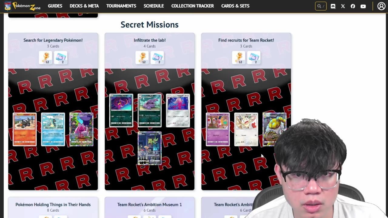 A webpage titled Secret Missions shows several collection panels with Team Rocket-themed card groups and card counts.