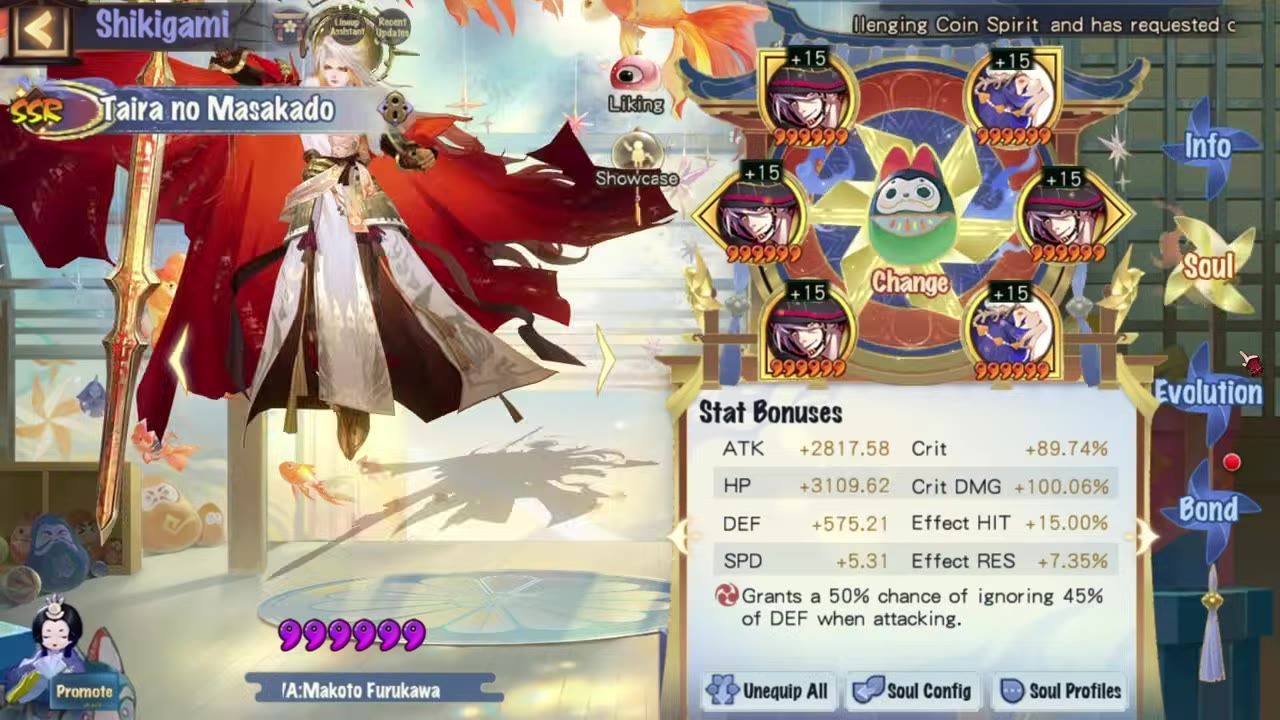 Tyra no Masakado character screen showing equipped Soul pieces and stat bonuses on the right, with ATK, Crit, and Crit DMG values visible.